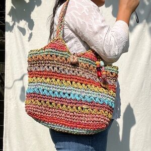 Vintage boho colorful Crocheted Toyo Straw purse